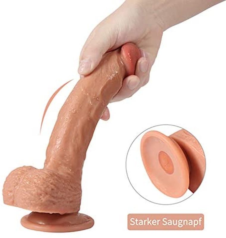 Realistic Ultra-Soft Dildo for Beginners with Flared Suction Cup Base for Hands-Free Play Flexible Dildo with Curved Shaft and Balls for Vaginal G-spot and Anal Prostate Play