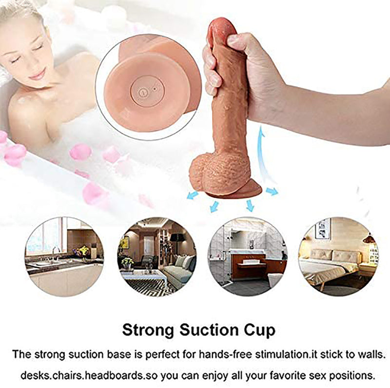 Realistic Ultra-Soft Dildo for Beginners with Flared Suction Cup Base for Hands-Free Play Flexible Dildo with Curved Shaft and Balls for Vaginal G-spot and Anal Prostate Play